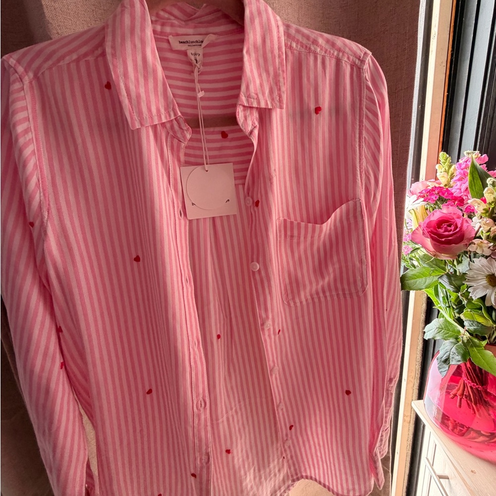 beachlunchlounge Pink and White Striped Button Down Shirt